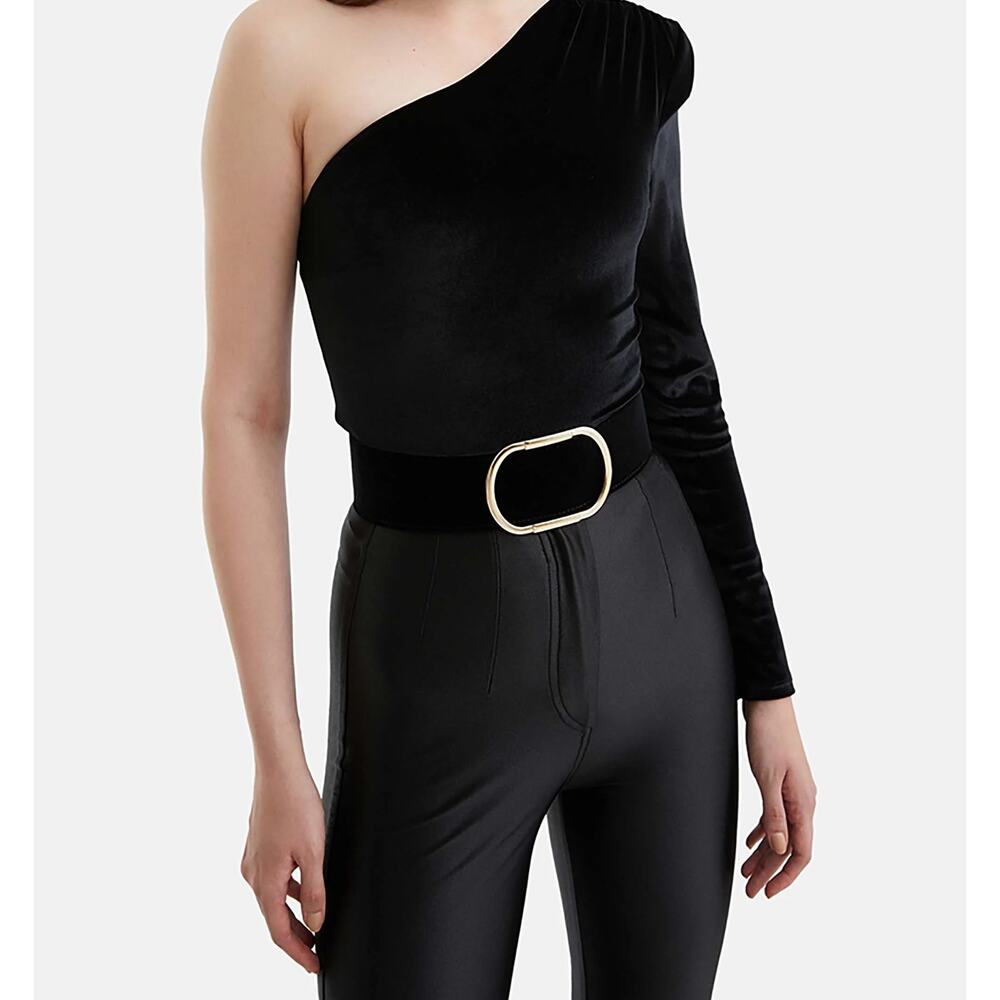 NOCTURNE Padded One Shoulder Velvet Bodysuit With Belt in Black Sz L